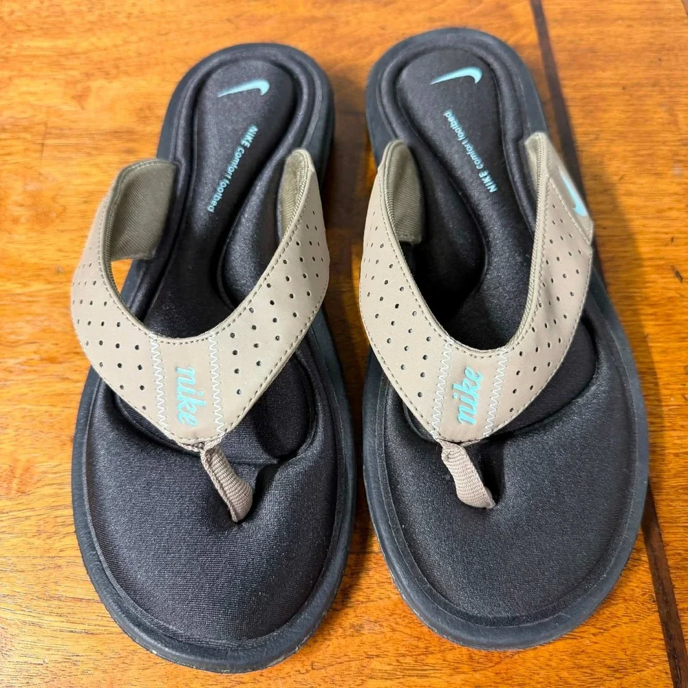 Nike Womens 9 Brown Comfort Footbed Flip Flop Sandals Tan Perforated Straps